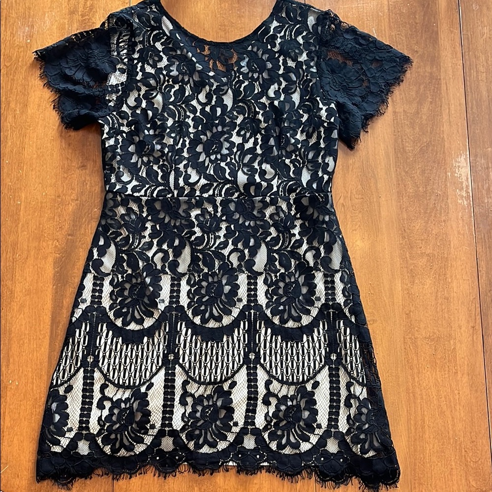 Black Lace Woman’s Dress with Nude Attached Slip. Perfect for Wedding Guest!